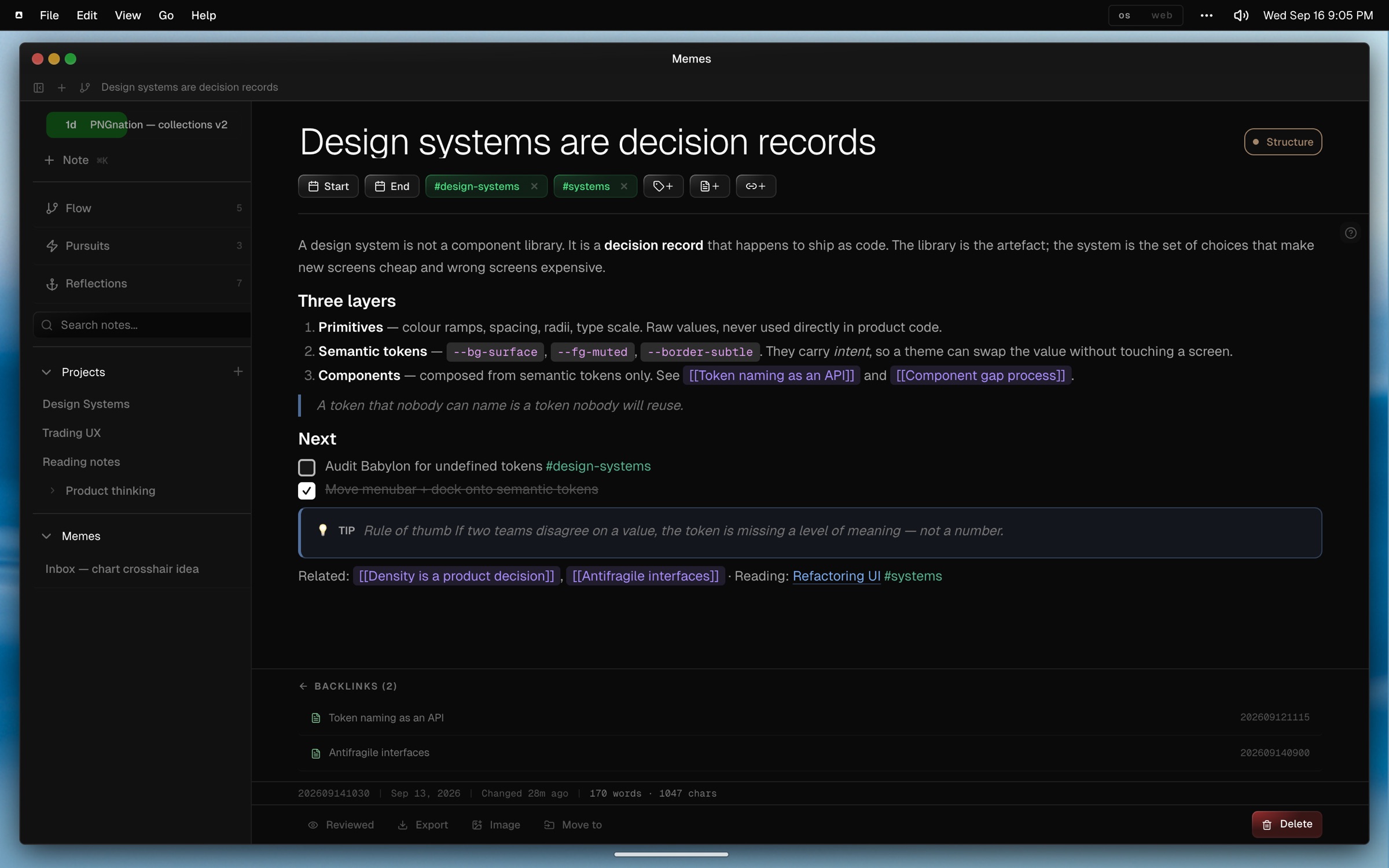 memes · a note with wiki links, tags, tasks and a callout