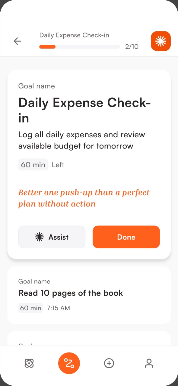 Check-in: one task at a time, with Assist when you're stuck.