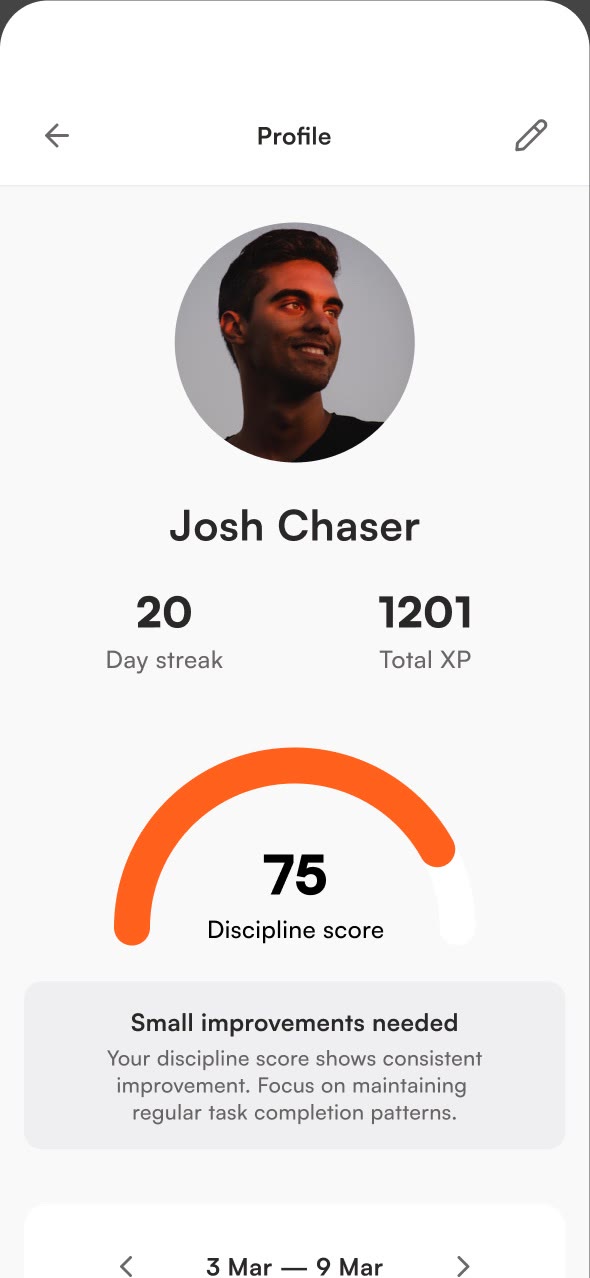 Streak, XP and a discipline score that explains itself.